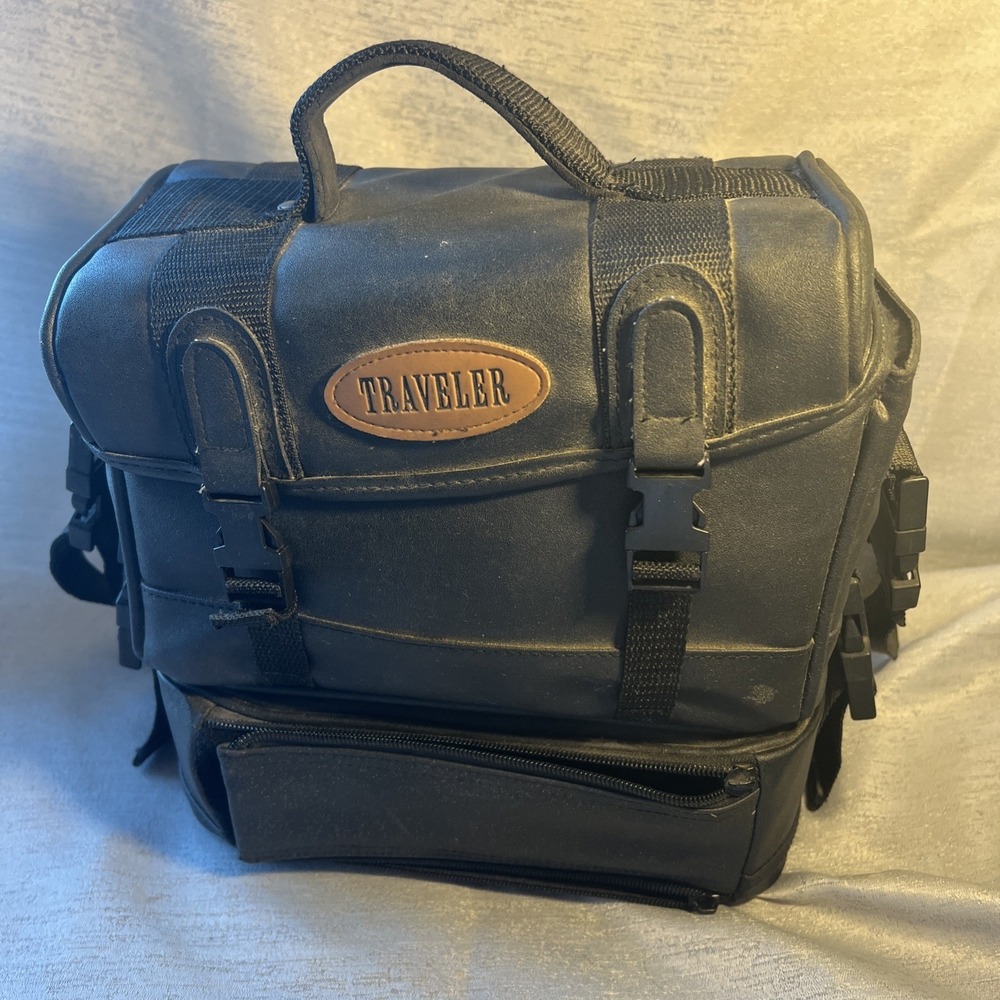 Two Piece Black Leather Material Traveler Camera Etc. Bag.